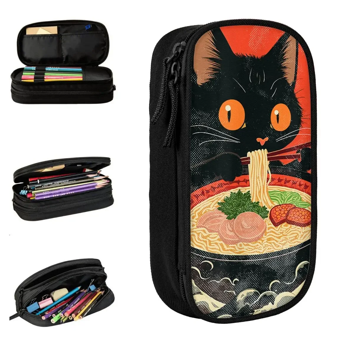 Japanese Black Cat Ramen Pencil Case Cute Kawaii Noodle Cat Pen Box Bag Kids Big Capacity School Supplies Cosmetic Pencilcases
