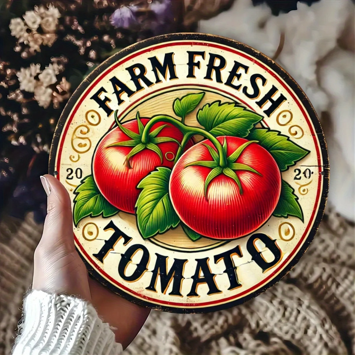 Einteiliges Design zum Thema frischer Tomaten, Metallschild mit flachem Druck, runde hängende Eisenmalerei, 20,32 x 20,32 cm Wanddekoration, Bar, C
