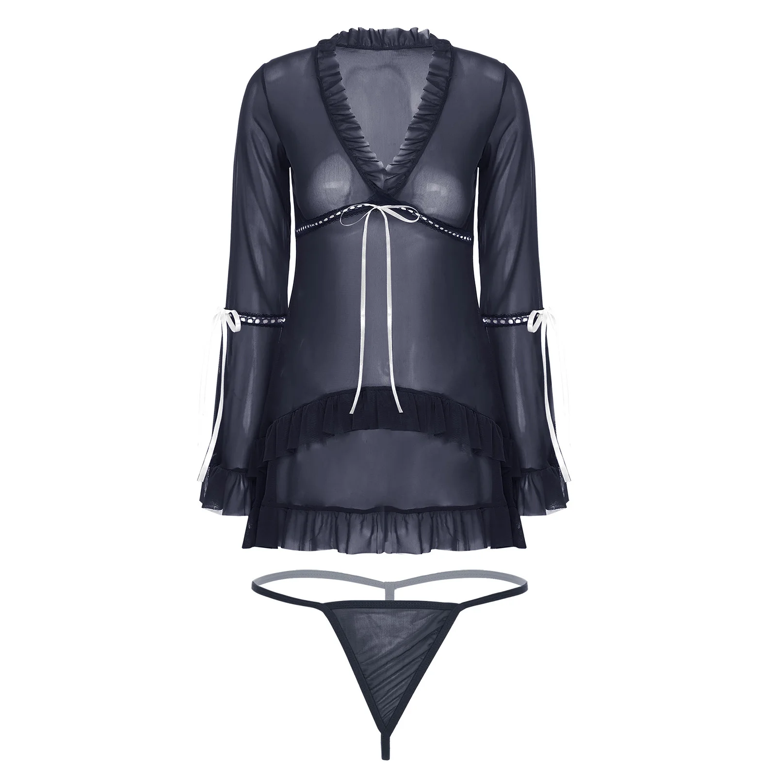 Womens Sheer Mesh Sleep Dress with T-back Thong V Neck Long Sleeve Lace-up Ruffled Mini Dress Nightwear Beachwear Loungewear