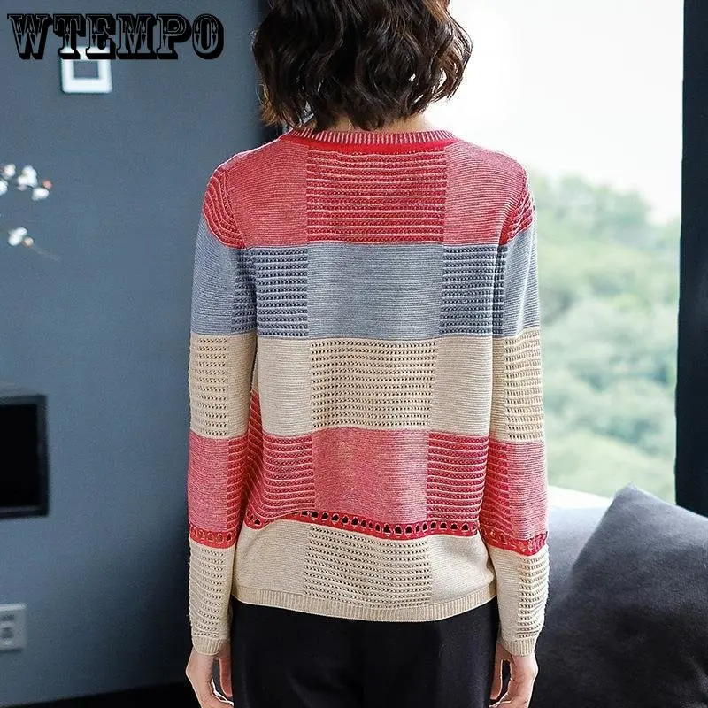 Hollow Knit Sweater Women\'s Top Colorblock Loose Striped Long Sleeve Bottoming Short Section Spring Autumn Drop Shipping