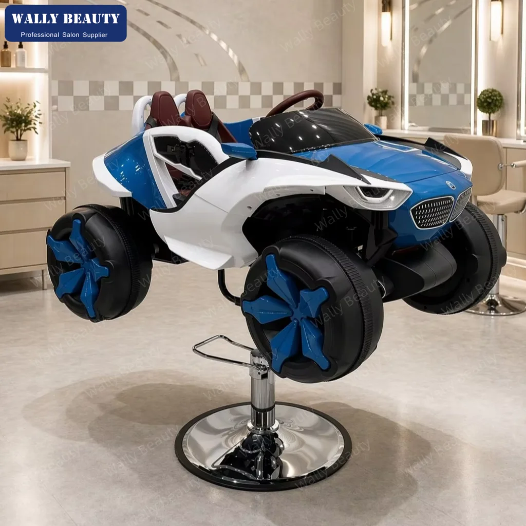Blue White Kids Car Salon Chair Hydraulic Lift 360 Swivel Children Haircut Barber Seat With Headlights Chrome Base