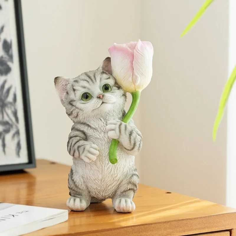 Resin Handicraft Cartoon Ornaments Flower Kitten Decorative Figurines Animal Sculpture Home Decoration Accessories