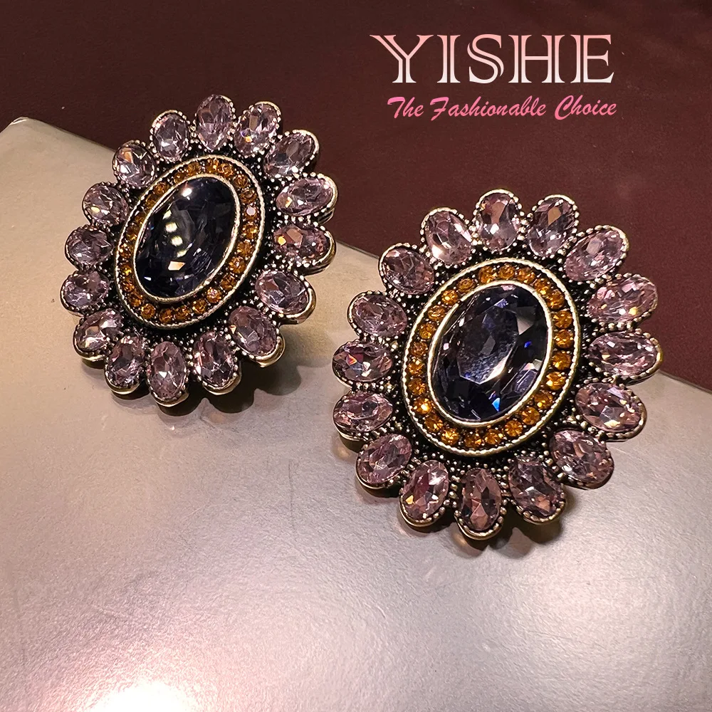 

Medieval deep purple full diamond plated real gold stud earrings vintage antique advanced temperament new Chinese western antiqu