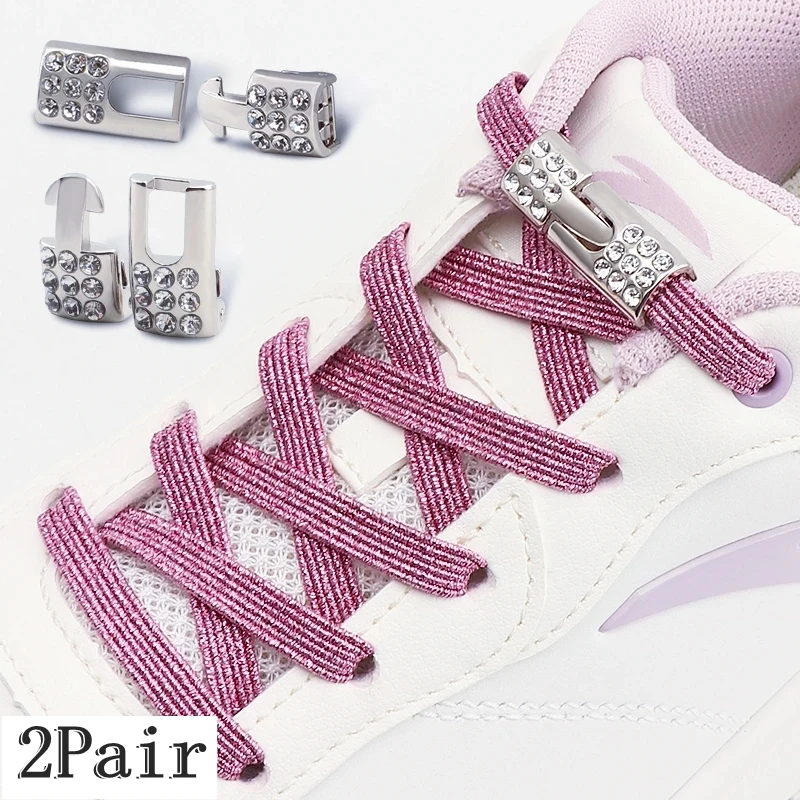 2Set Bunte Elastische Schnürsenkel Sneakers Diamond Lock Schnürsenkel Ohne Krawatten Keine Krawatte Schnürsenkel Glitter Flache Schnürsenkel Schuh Zubehör