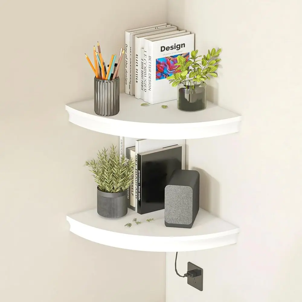 

Floating Shelves Radial Shape Cable Wire Hole Perfect for Bedroom Bathroom Living Room Kitchen Set of 2 White