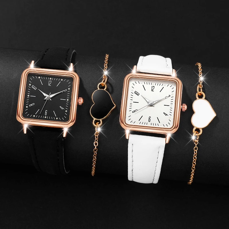 4Pcs Women's Fashion Watch, Stylish And Versatile, Classic Square Case, Ideal Gift For All Kinds Of Festivals .