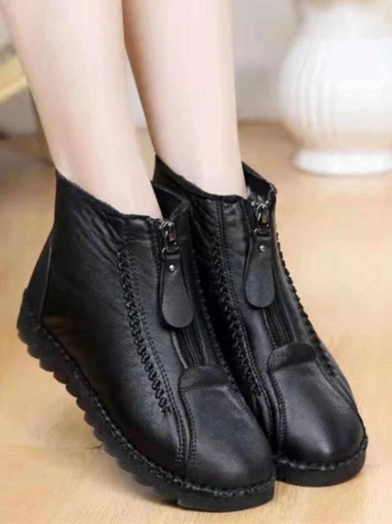 2023 Winter Women Ankle Boots Fashion Warm Mother\'s Boots Flat-Bottom Comfortable Non Slip Front Zipper Closure Female Footwear