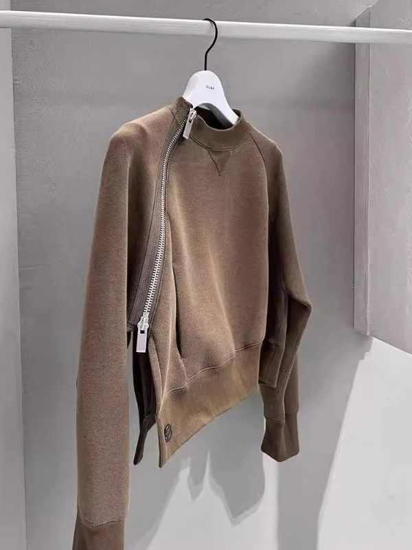 High Quality Autumn 2026 Early Season Design Sensation Cold Toned High End Feel Diagonal Zipper Coffee Color Sweatshirt