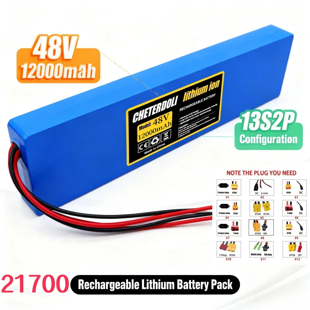 

48V 13S2P 21700 Rechargeable Battery 12000mAh w/Built-in BMS 350W~700W for 48V Electric Scooters Foldable Walking Tool.