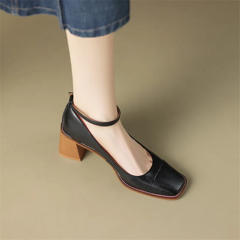 2024 Spring Split Leather Women Shoes Square Toe Chunky Heel Mixed Color Women Pumps Retro Mary Jane Shoes for Women High Heels