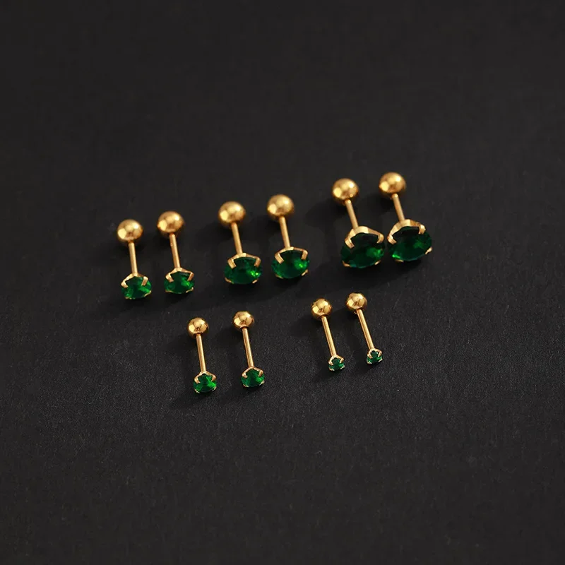 2Pcs Stainless Steel Green Zircon Ear Studs Earrings For Women Helix Tragus Round Small Cartilage Earring Body Piercing Jewelry