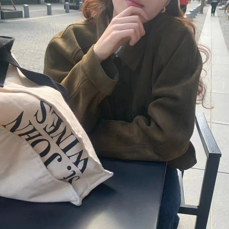 Retro Loose Deerskin Lapel Zipper Jacket 2025 Autumn and Winter Fashion Motorcycle Women's Jacket