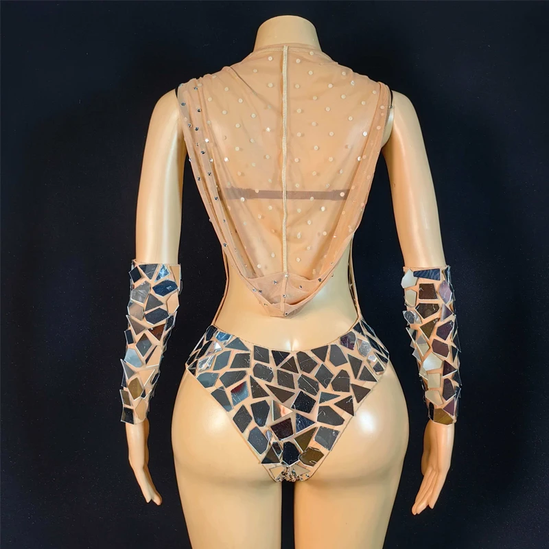 Women Group Jazz Dance Outfit Mirrors Bodysuit Rhinestones Bra Nightclub Ds Dj Gogo Dance Costume Stage Rave Outfits XS9750