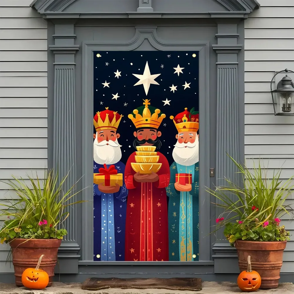 Escena Navideña Estrellada, Fondo para Bendición de Puerta, Corona del Festival de los Reyes Magos, Decoración de Puerta para Acción de Gracias, Fondo para Fotografía