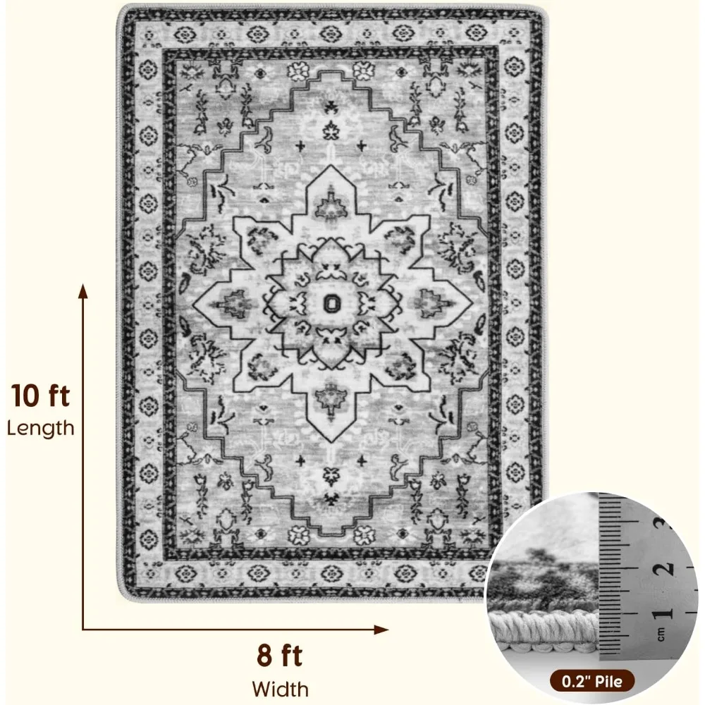 8x10 Living Room Washable Rugs - Non-Slip, Easy to Clean, Soft, Stain Resistant Carpet with Low Pile for a Bohemian Style