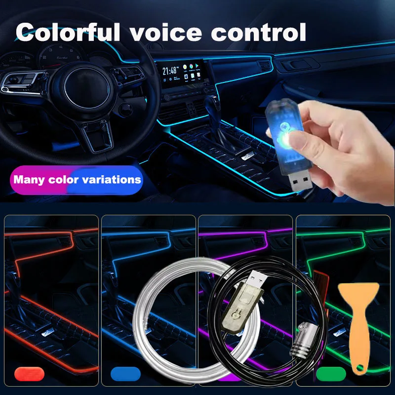 Color Car Interior Lights Voice Control Decorative Ambient EL Cold Lights Flexible Neon RGB LED Strips USB Fiber Optic Lamp