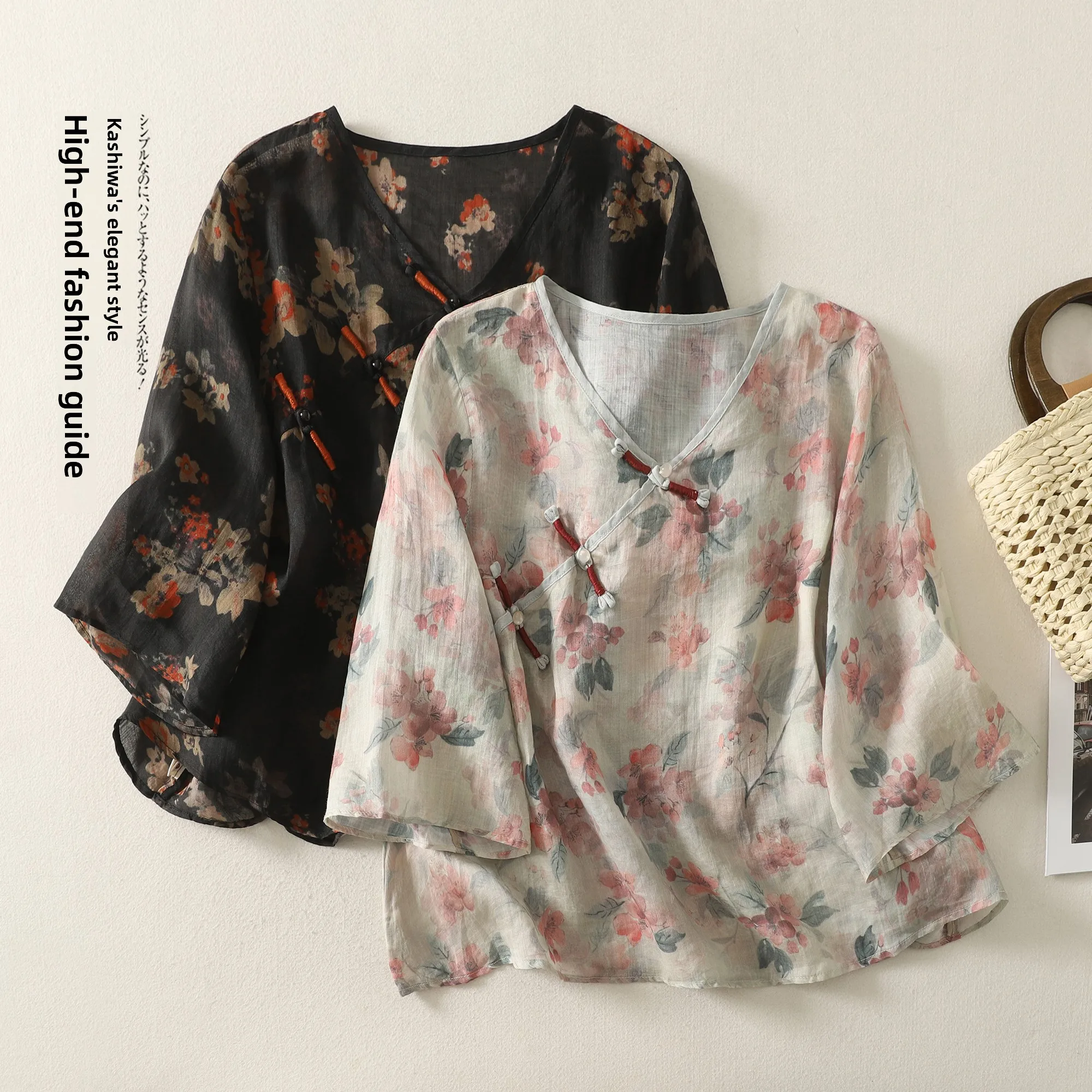 

Women's Cotton Shirt 2026 Digital Print V-neck Button-up Loose Fit Summer T-shirt Floral Pattern Casual Wear