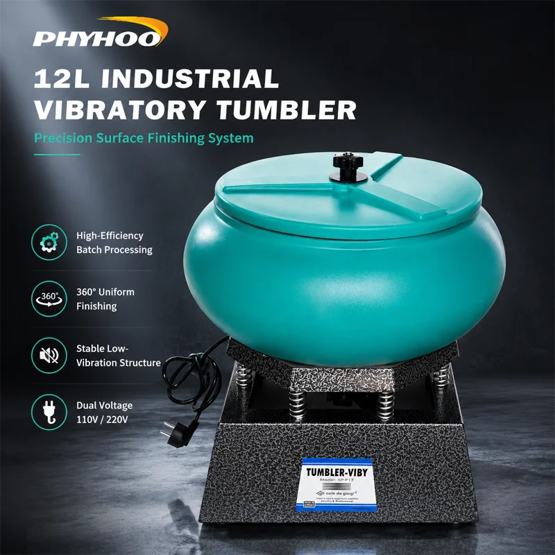 PHYHOO 12L Vibratory Tumbler Industrial Polishing Machine Jewelry Deburring Metal Parts Surface Finishing Bowl Polisher 250W Kit