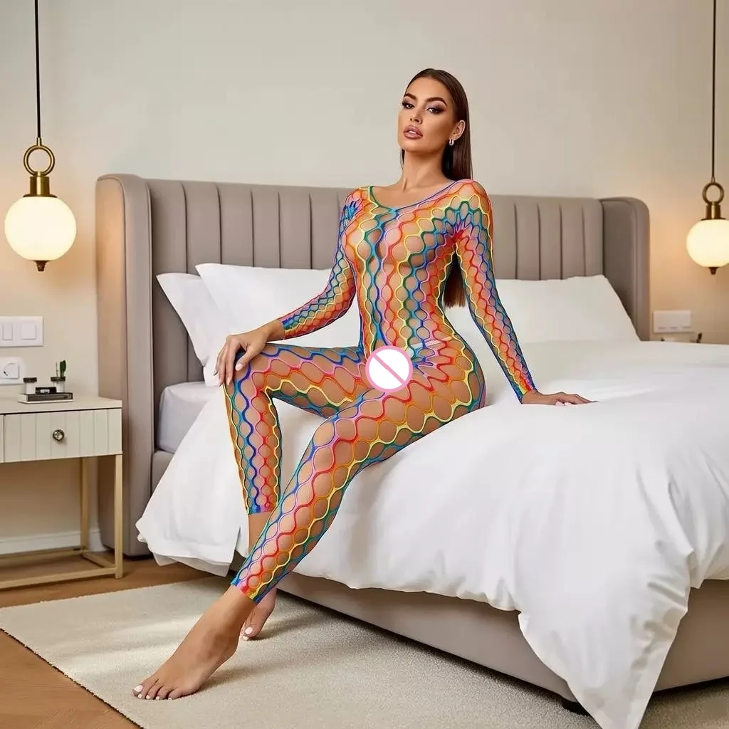 Women's Sexy Rainbow Fishnet Bodysuit - Long Sleeve Sheer See-Through Lingerie, Open Crotch , Erotic Mesh Clubwear view 2