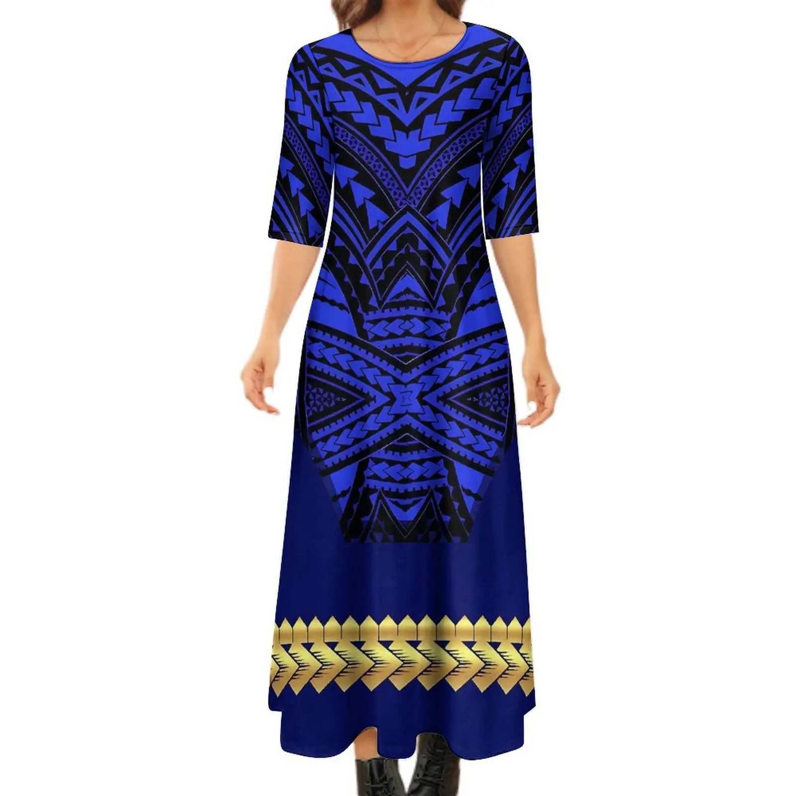 2024 New Samoa Island Clothing Summer Fashion Women'S Mid-Sleeve Dress Polynesian Tribal Pattern Elegant Maxi Dress