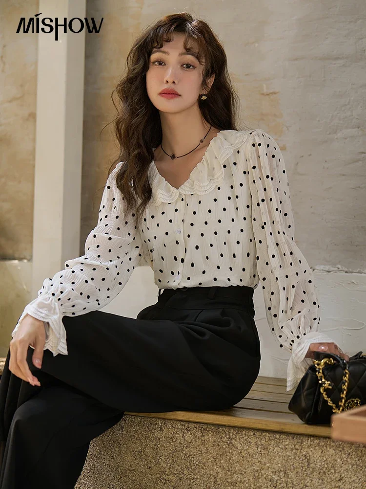 MISHOW Polka Dot Chiffon Tops 2023 Spring/Summer Peter Pan Collar Lace Petal Sleeve Female Single Breasted Blouses MXC14X0008