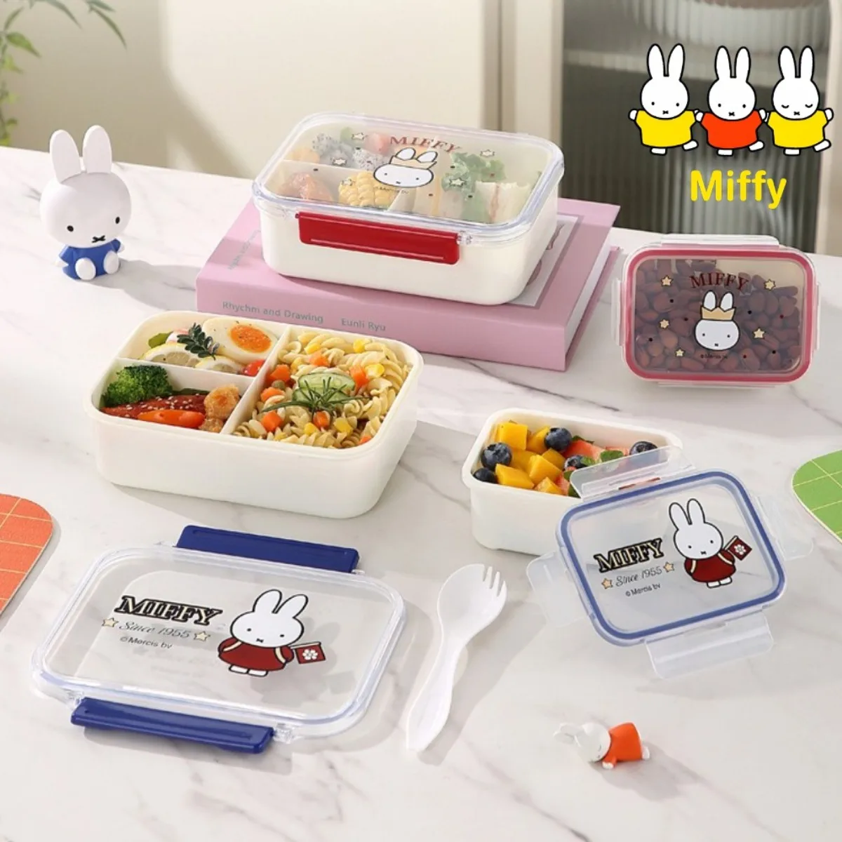 Kawaii Miffy Fresh-keeping Box Cute Cartoon Plastic Divided Container Microwave Oven Lunch Box Picnic Camping Fruit Salad Box