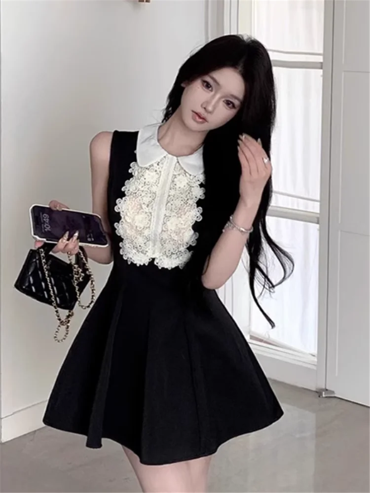 

Celebrity Lady Lace Patchwork Short Black Princess Birthday Dress Vintage Elegant Sleeveless Doll Collar A Line Mini Tank Dress