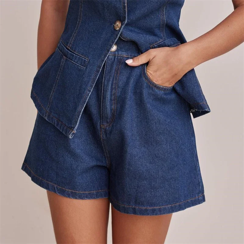 

High Waist Loose Denim orts Set Svel Top Commute Sle round Ne No Sve Women's Faion Spring Season Pure Color
