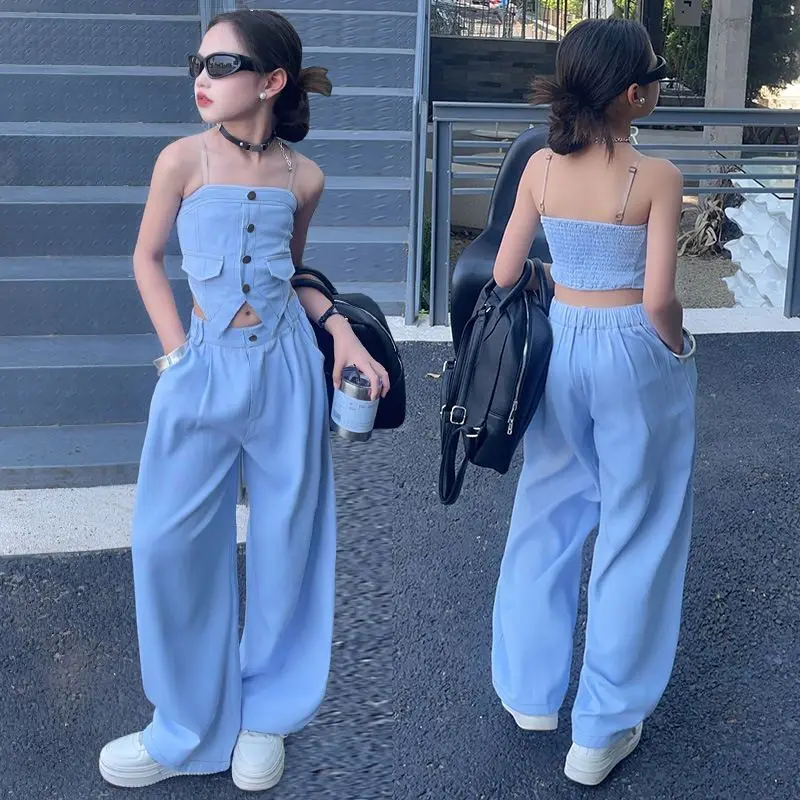 

Girls Suits Summer Set 2025 New Style Fashionable Suspenders Big Children Thin Loose Wide-leg Pants Two-piece Set Clothes