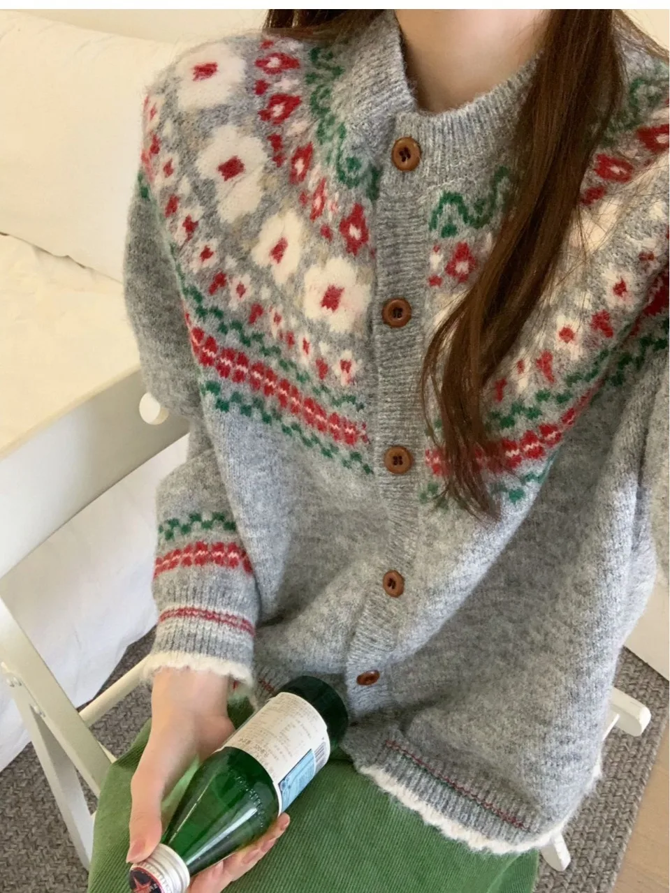 Retro koreański sweter-płaszcz damski z dzianiny, okrągły dekolt, wzór Fair Isle, zapinany na jeden guzik, dzianinowy kardigan zapobiegający starzeniu, jesień-zima N...