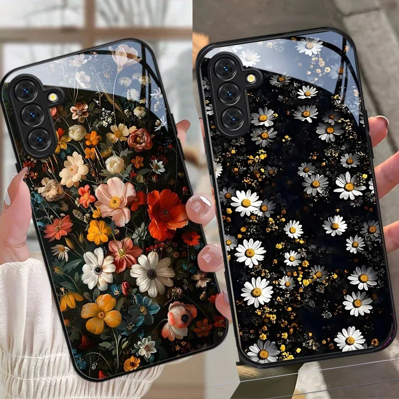Luxury Retro Floral Glass Phone Case for Samsung A37 A57 A07 A26 A36 A56 A16 A06 A55 A35 A14 A34 A54 A24 A25 A15 A34 A54 4G 5G