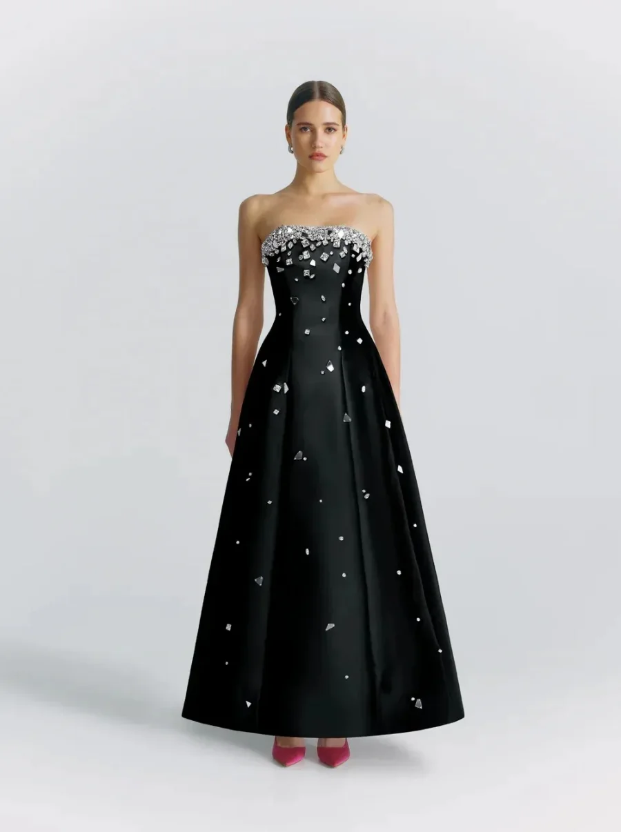 Robe de soirée de luxe noire ligne A pour femme, sans bretelles, perles en cristal, satin, longueur de rinçage, soirée de Rhformelle, quelle que soit la robe de soirée, 123