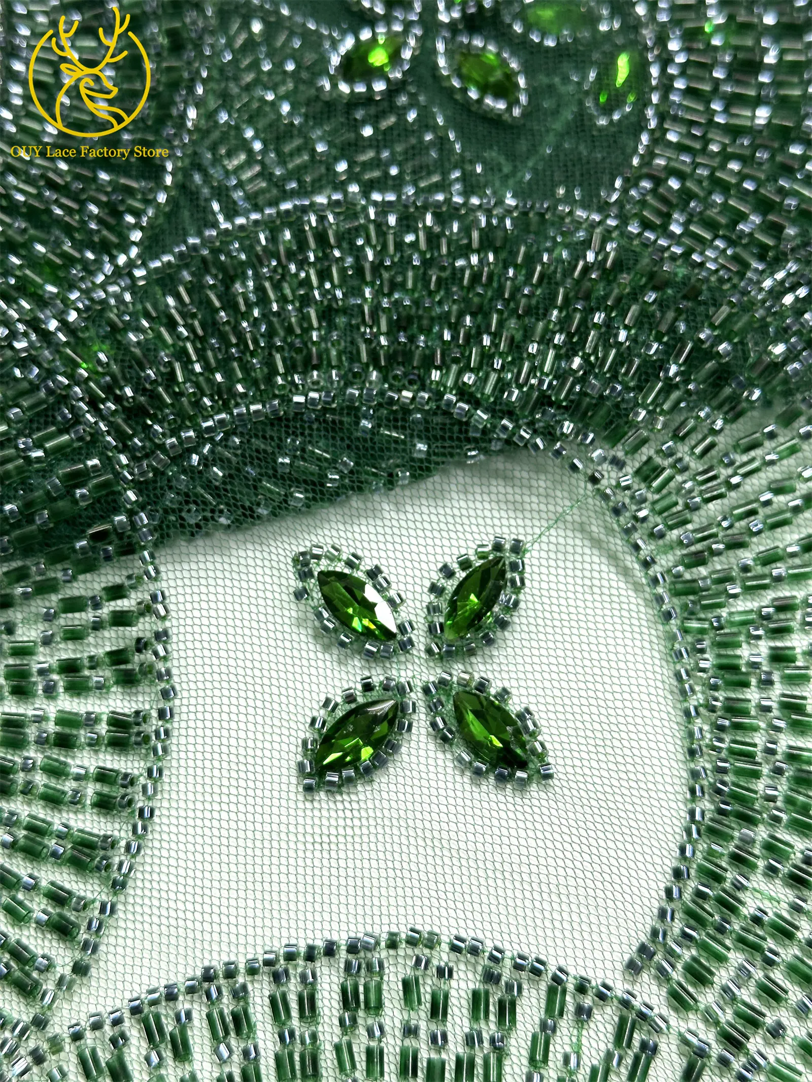 Smaragdgrüner Luxus Dubai Diamant-Perlen Tüll-Spitzenstoff Hochwertiger Afrikanischer Stein-Pailletten-Spitzenstoff für Abendkleider – Detail 21