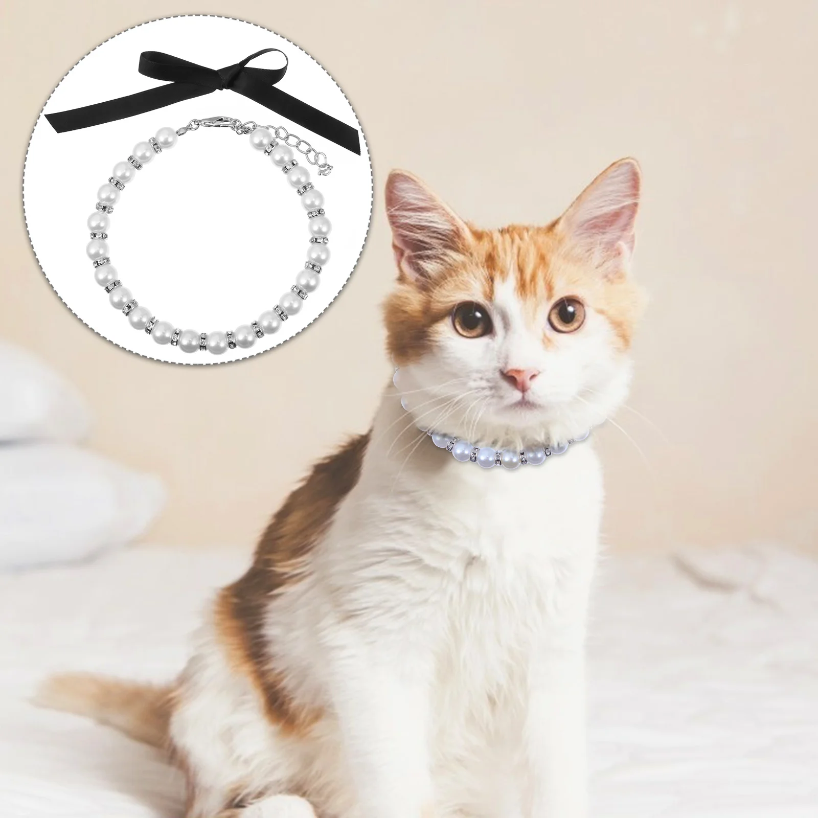 

1Set Adjustable Pet Pearls Collar Dog Cat Necklace Ribbon Bow Elegant Jewelry Pearls Collars Wedding Supplies Pet Supplies