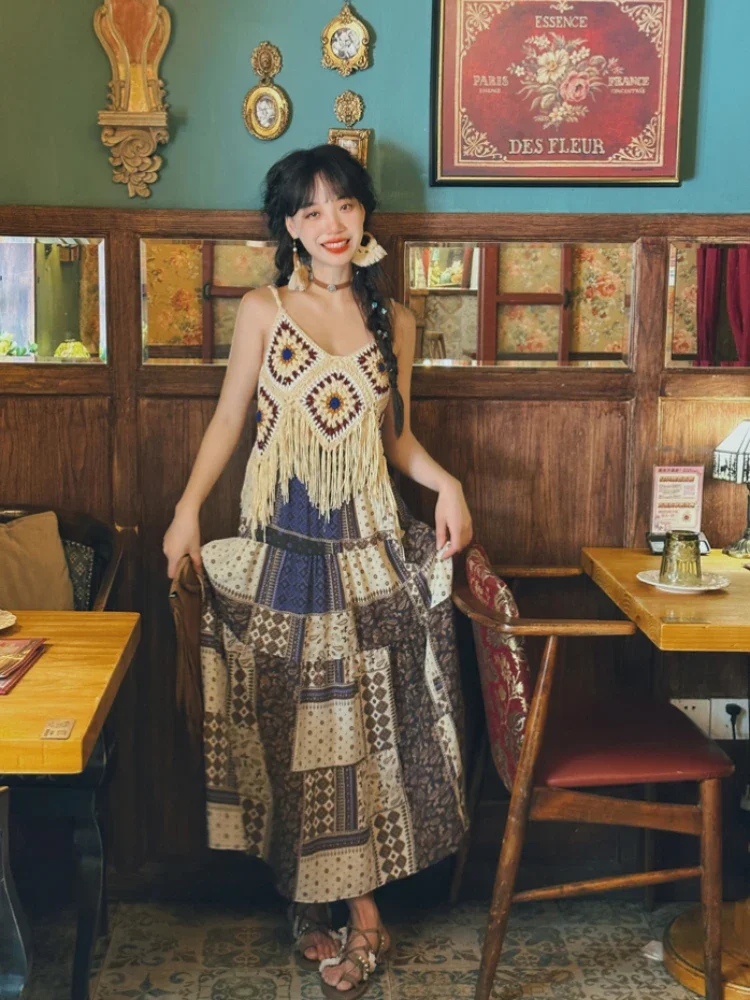 

Bohemian Skirts for Women Fashion All-match Vintage Female Leisure Plaid A-line Loose High Waist Simple Chic Patchwork Youth Ins