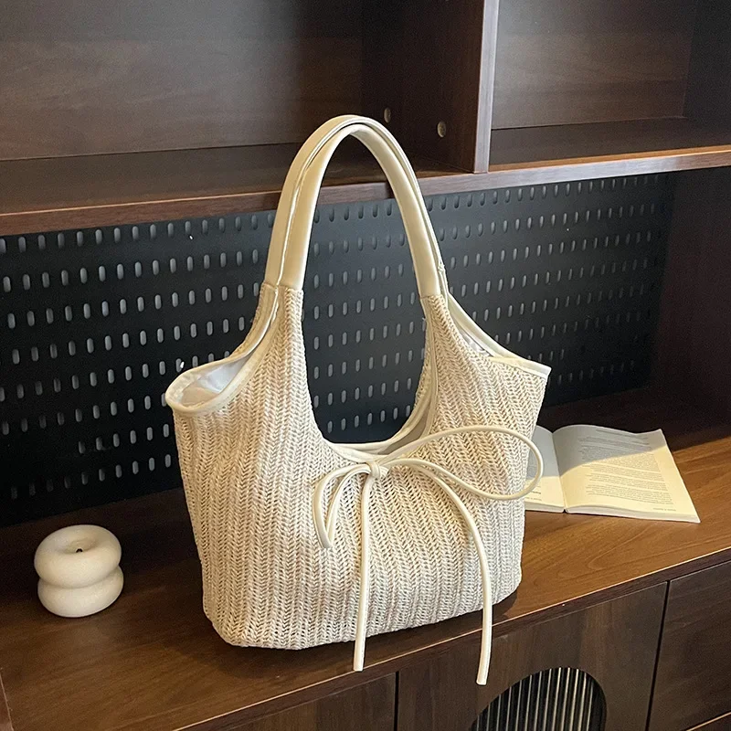 

2025 Bow Detail Woven Beach Tote - Stylish Shoulder Bag for Women, Large Boho Straw Tote with Hand Carry