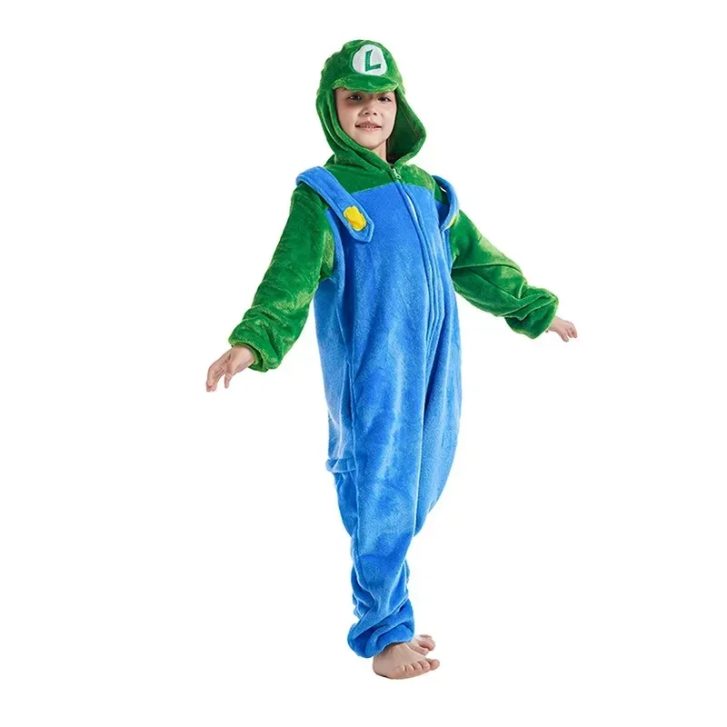 Super Marios Bros Children Cosplay Costume Anime Figure Luigi One-piece Pajamas Kawaii Cartoon Sleepwear Halloween Cos Clothes