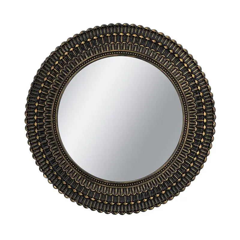 

Round Black & Gold Wooden Accent Mirror with Woven Texture, 26.5 Inches