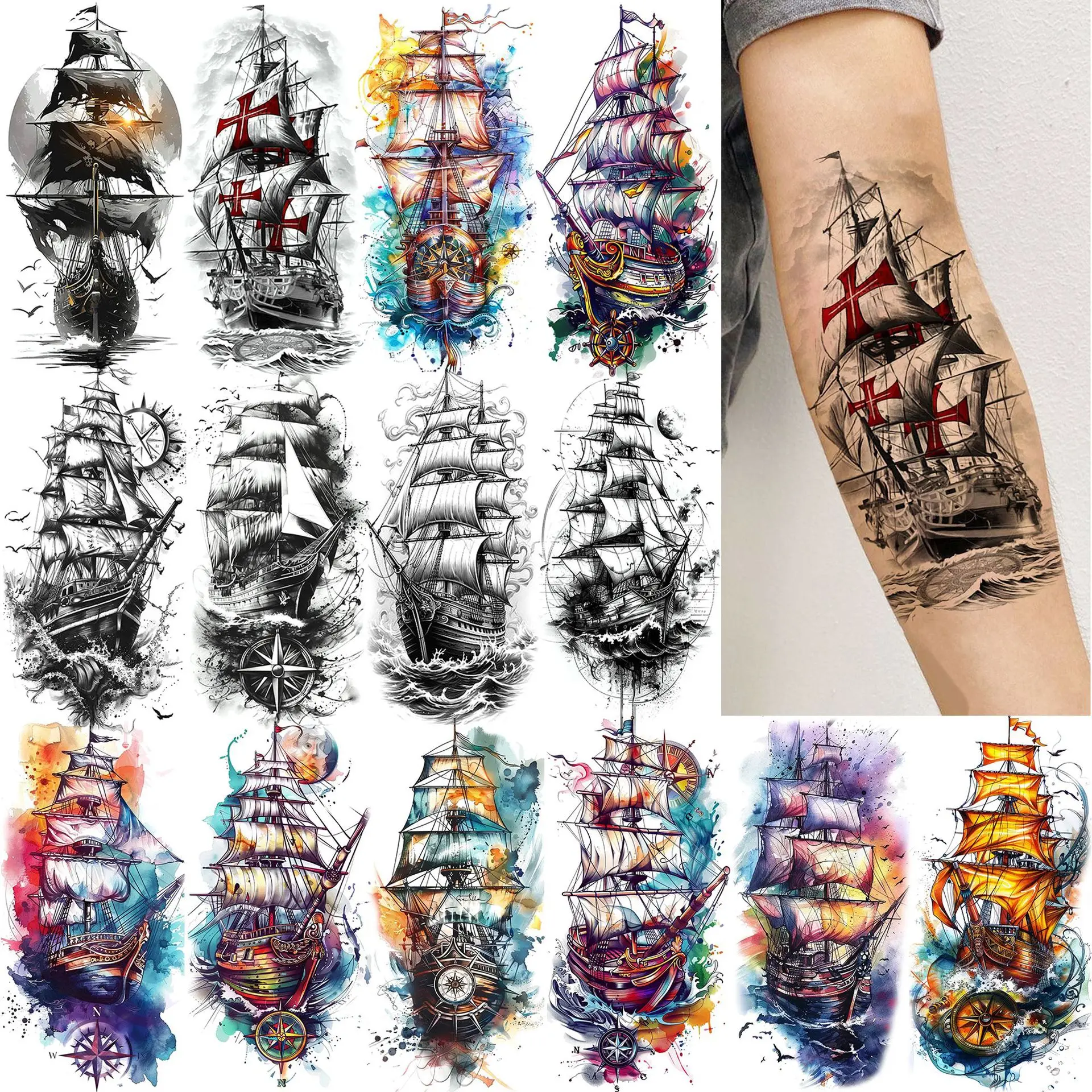 Premium Sailing Ship Water Transfer Tattoo Stickers Durable Fade Resistant for Leg Arm Various Patterns Ready Stock