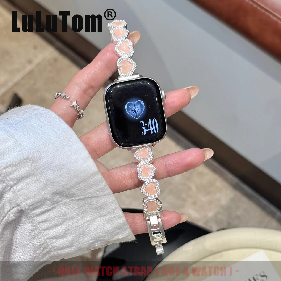 

Браслет-ремешок в форме сердца с цирконами для Apple Watch 11 10 9 8 7 6 5 SE Ultra, ремешки для Iwatch Series 38 40 41 42 44 45 46 49 мм