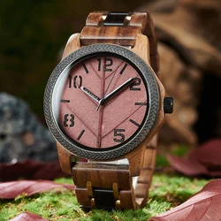 Men's Wood Watch with Genuine Leaf BOBO BIRD Watch for Men Bois Natural Handmade Watches Wooden Custom Gift for Anniversary