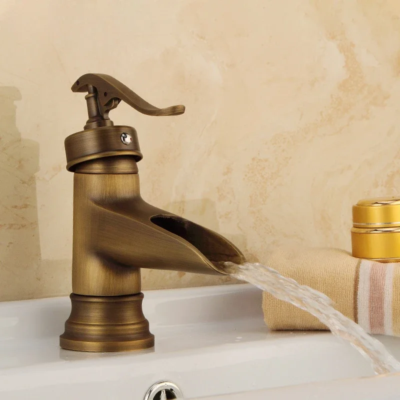 

Basin Faucets Antique Brass Waterfall Bathroom Vessel Sink Faucet Single Handle Deck Wash Mixer Water Tap WC Taps