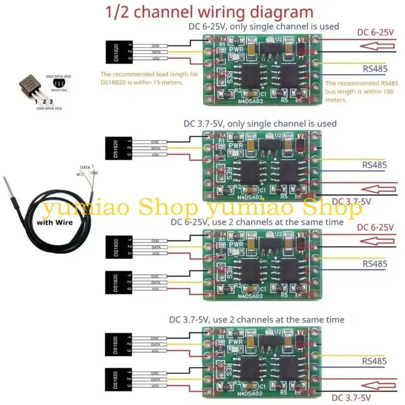 587B 55-125℃ DS18B20 Sensors 1-2CH RS485 Digital Temperature Collector Module for Thermostat Home Monitoring Accessories