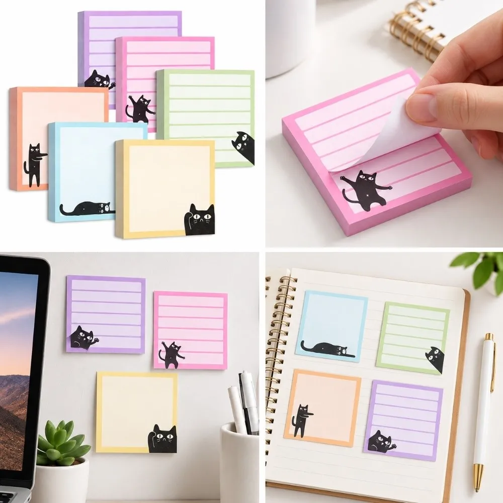 9pcs Set Portable Black Cat Sticky Notes Random Patterns Macaron Style Self-Stick Note Pad Sticky Backing Memo Pads Office Use