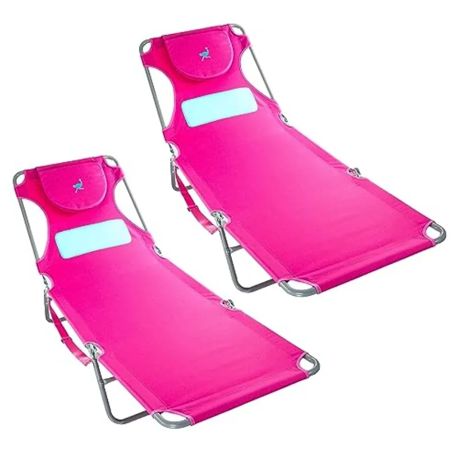 Outdoor chaise lounge for sunbathing face down, ostrich leatherette, pink, 3-position folding, beach/pool/camping use 2 pack