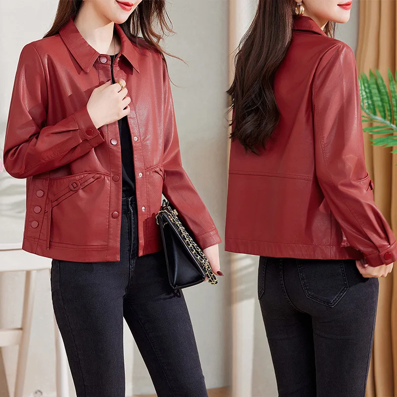 

Leather jacket women's short style 2024 spring and autumn new loose and versatile casual fashion temperament middle-aged leather