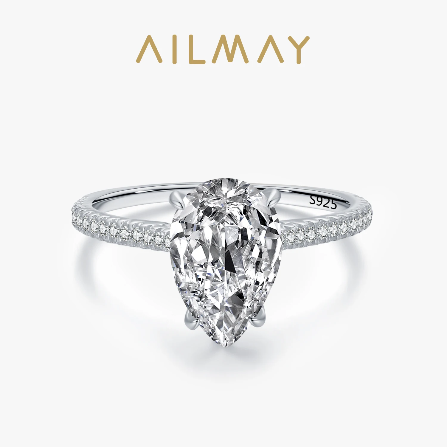 Ailmay 100% 925 Sterling Silver Fashion Water Drop Shape Sparkling Clear CZ Rings For Women Classic Luxury Wedding Jewelry Gift