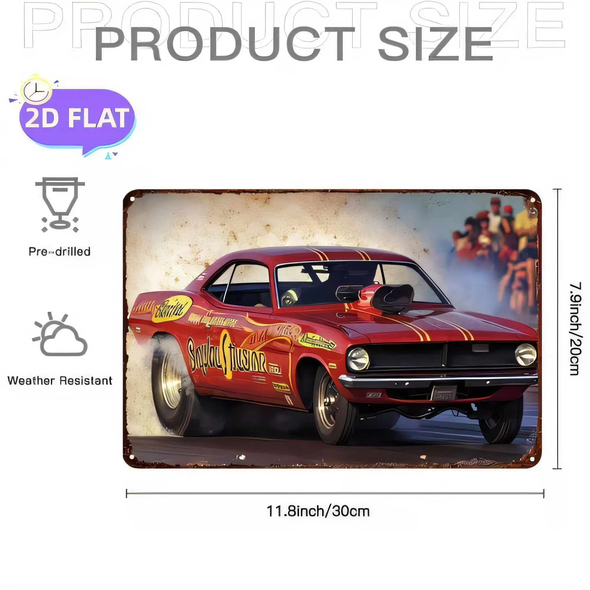 Tin Sign Hot Rod Vintage Car 11.8x7.1  Metal Retro Poster Wall Decor Pre-Drilled Rustproof Weather Resistant for Garage Man Cave