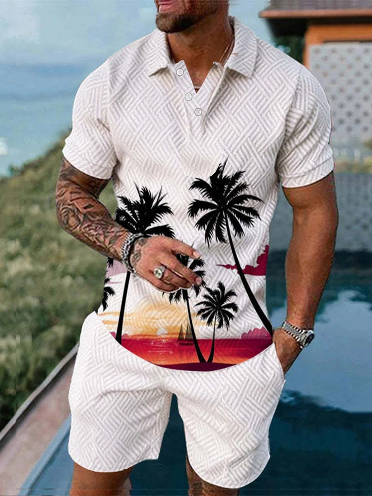 Men Suits Coconut Trees 3D Print Beach  Button Polo Shirt + Shorts Two Piece Set Soft Fashion Casual Men Clothing Tracksuit Set