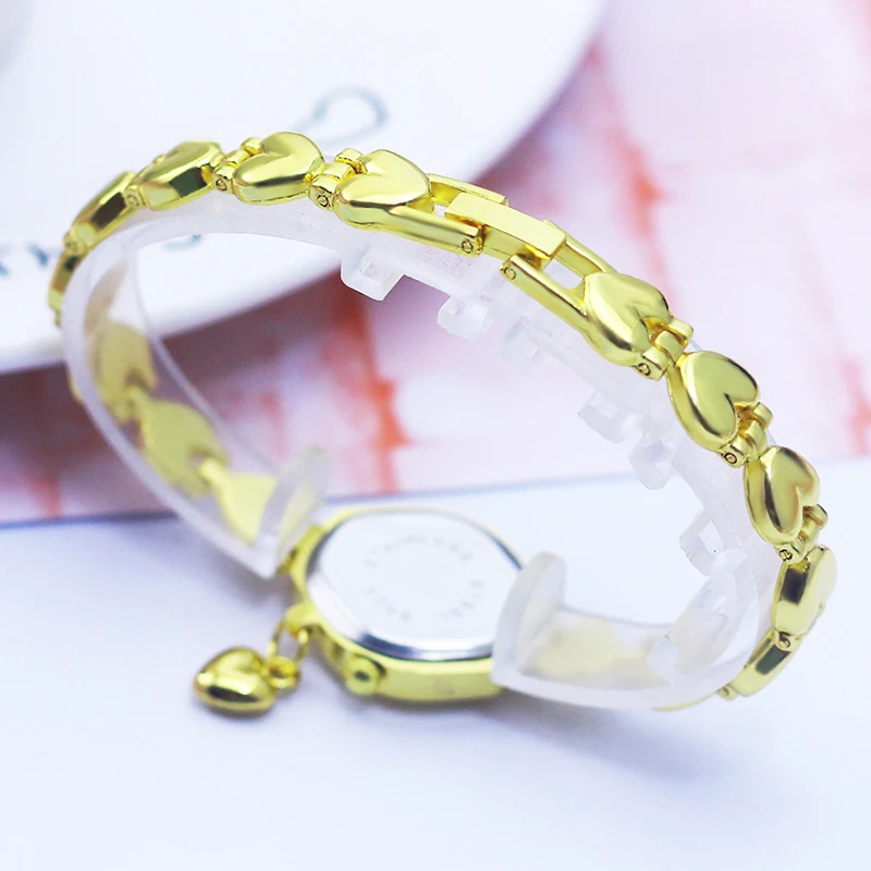 Luxury Woman Lady Gold Love Pendant Bangle Bracelet Wristwatches Young Female Girls Fashion Waterproof Gifts Thin Strap Watches